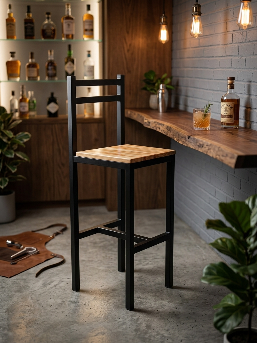 Banqueta alta en eucalipto laqueado y hierro